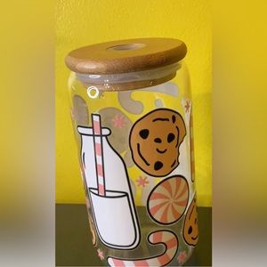 Cookies, Milk & Candy Canes 16oz Glass Libby Cup w/ Glass Straw